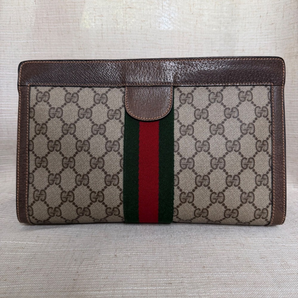 Vintage Gucci Clutch GG Supreme Web Sherry Line Stripe Brown Leather Canvas Bag - Picture 2 of 13